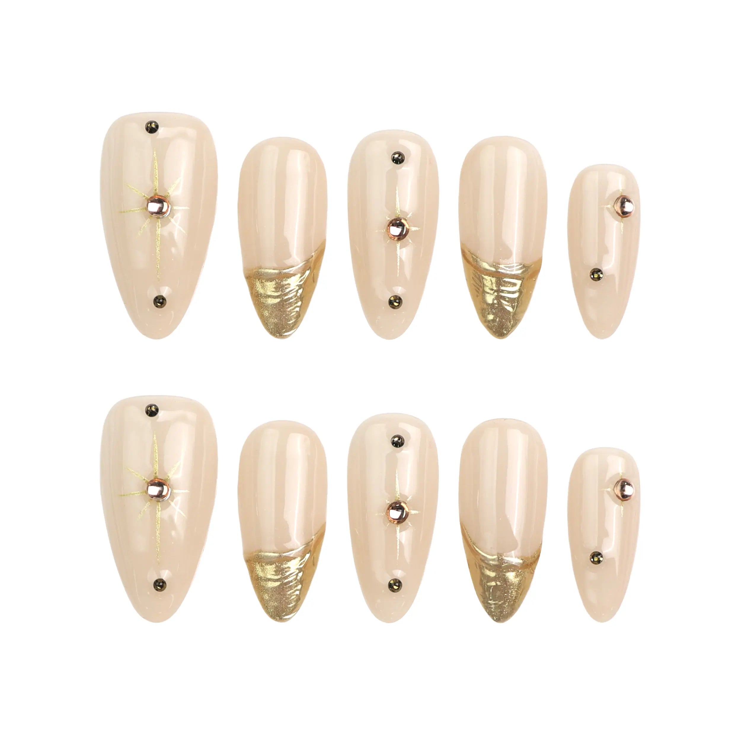 Product display of Naillover’s handmade almond-shaped press-on nails in nude with gold embellishments
