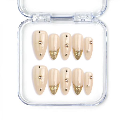 Naillover handmade Singapore almond press on nails with nude base and gold accents