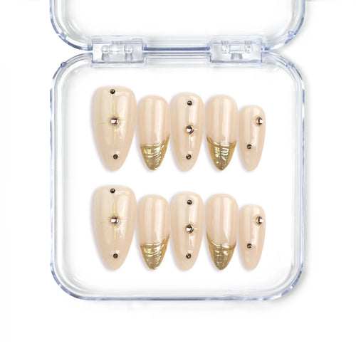 Naillover handmade Singapore almond press on nails with nude base and gold accents