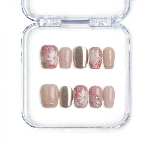 Naillover handmade Singapore square press on nails in red with gold foil and 3D flower nail art