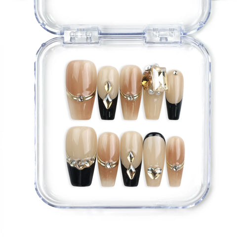 Elegant Gold Tips Singapore press on nails with nude base, gold accents, pearls, and shimmering stones – handmade by naillover