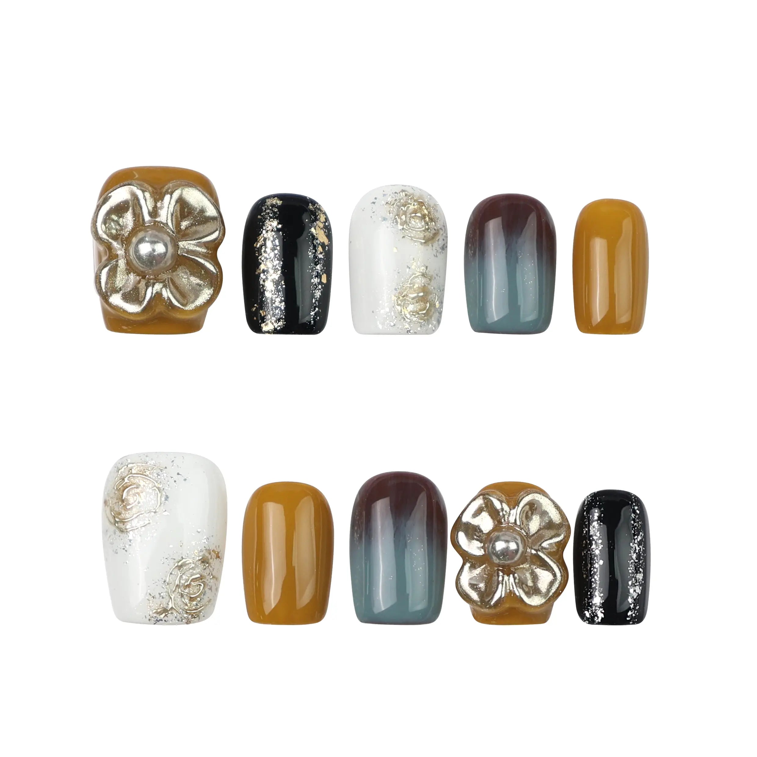 Flat lay of Golden Bloom handmade press on nails by Naillover on white background, showing full set with 3D floral design.