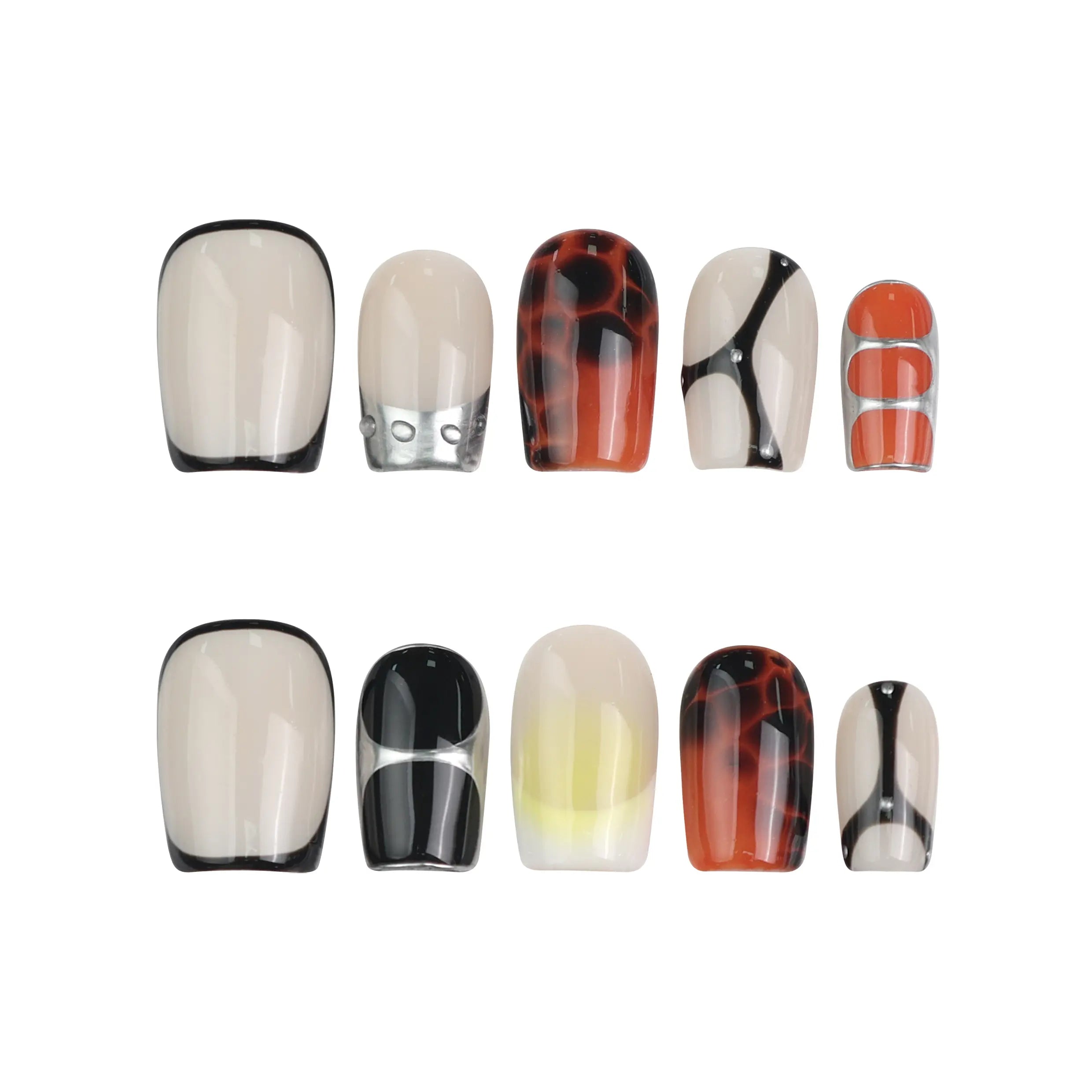Product display of short square press on nails in golden and caramel marble gradient tones with a glossy finish by Naillover