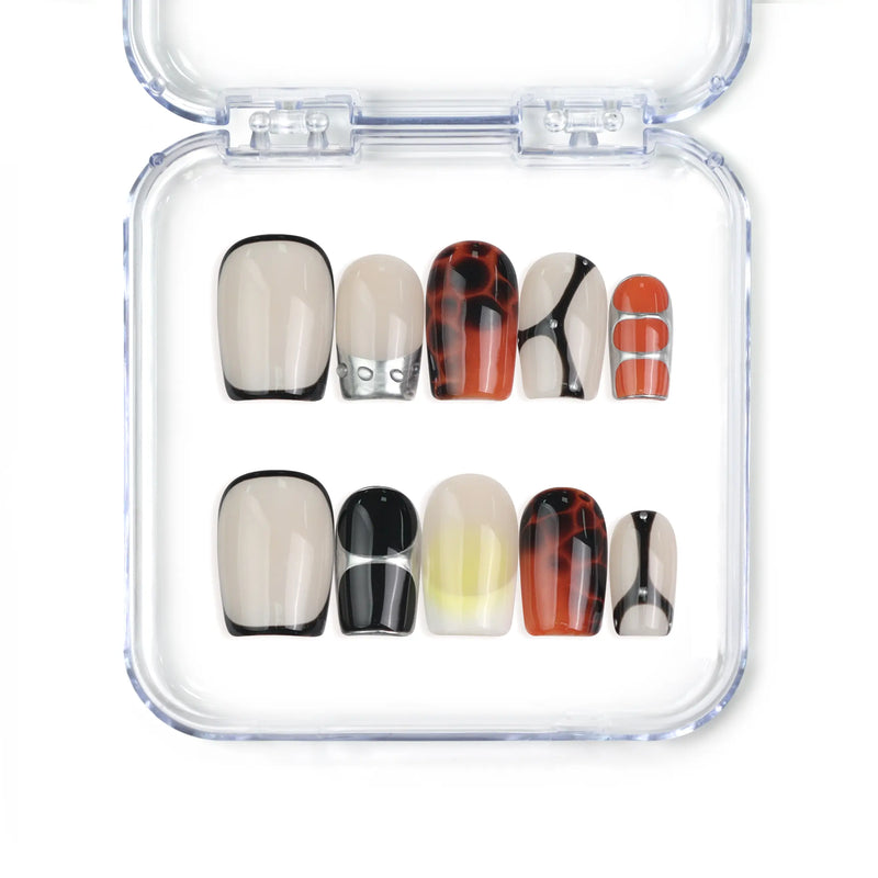 Singapore handmade short square press on nails with glossy golden finish and caramel marble gradient by Naillover