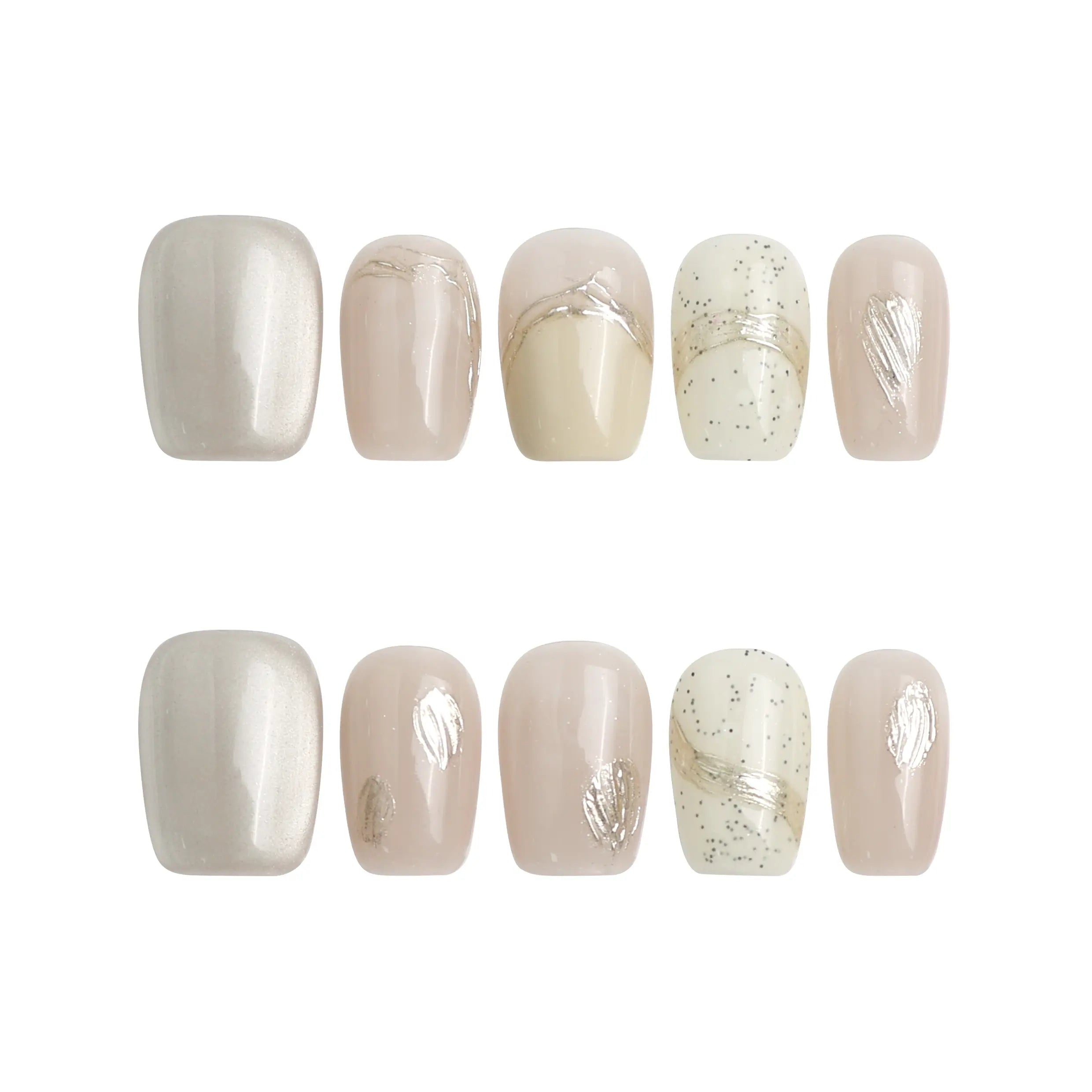 Product image of short handmade press on nails in pale pink with gold line art and subtle glitter by Naillover