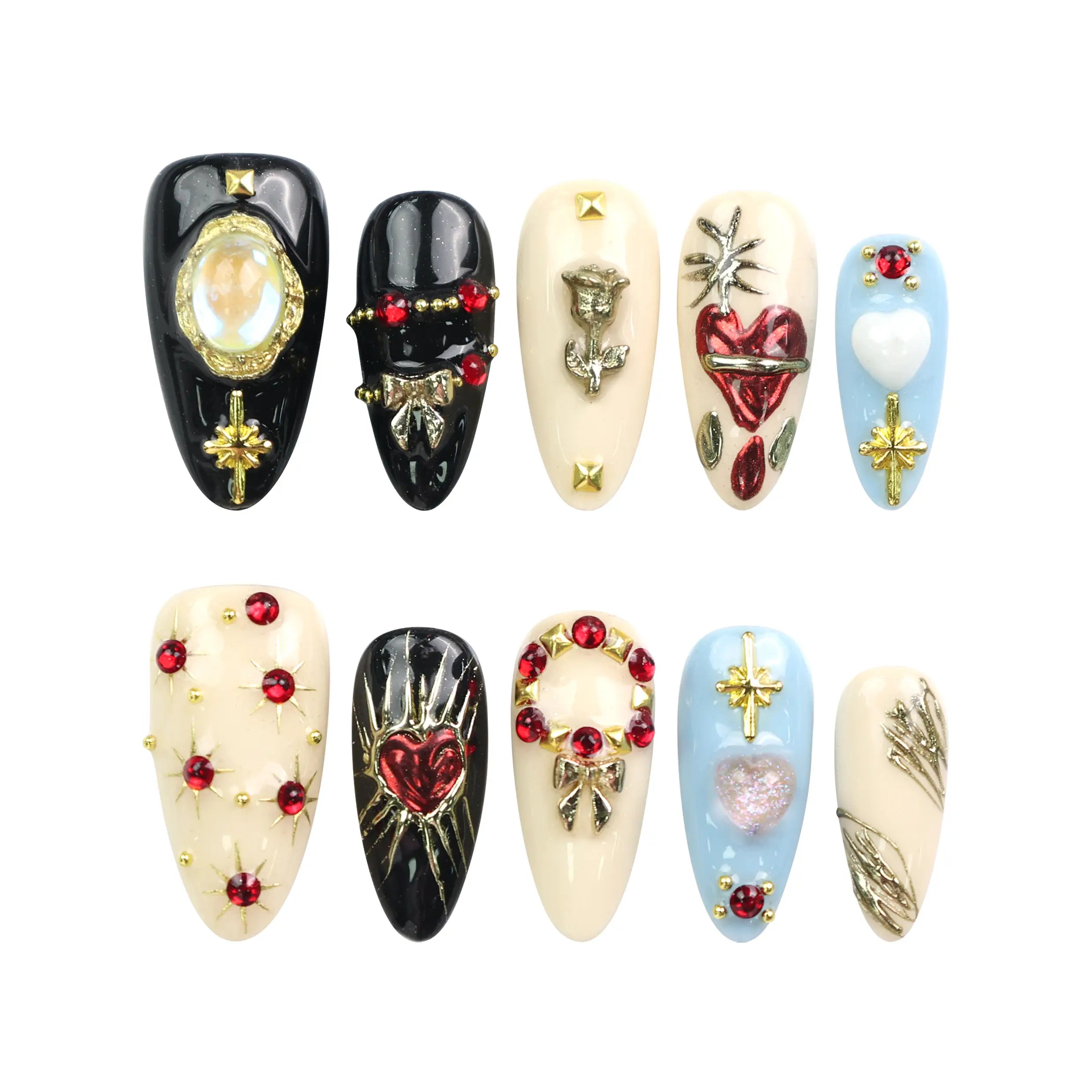 Gothic Blossoms handmade Singapore press on nails set displayed on white background with black and silver floral and heart designs by naillover