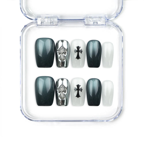 Gothic Cross handmade press on nails SG with metallic cat eye finish and black cross design