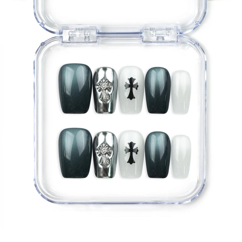 Gothic Cross handmade press on nails SG with metallic cat eye finish and black cross design