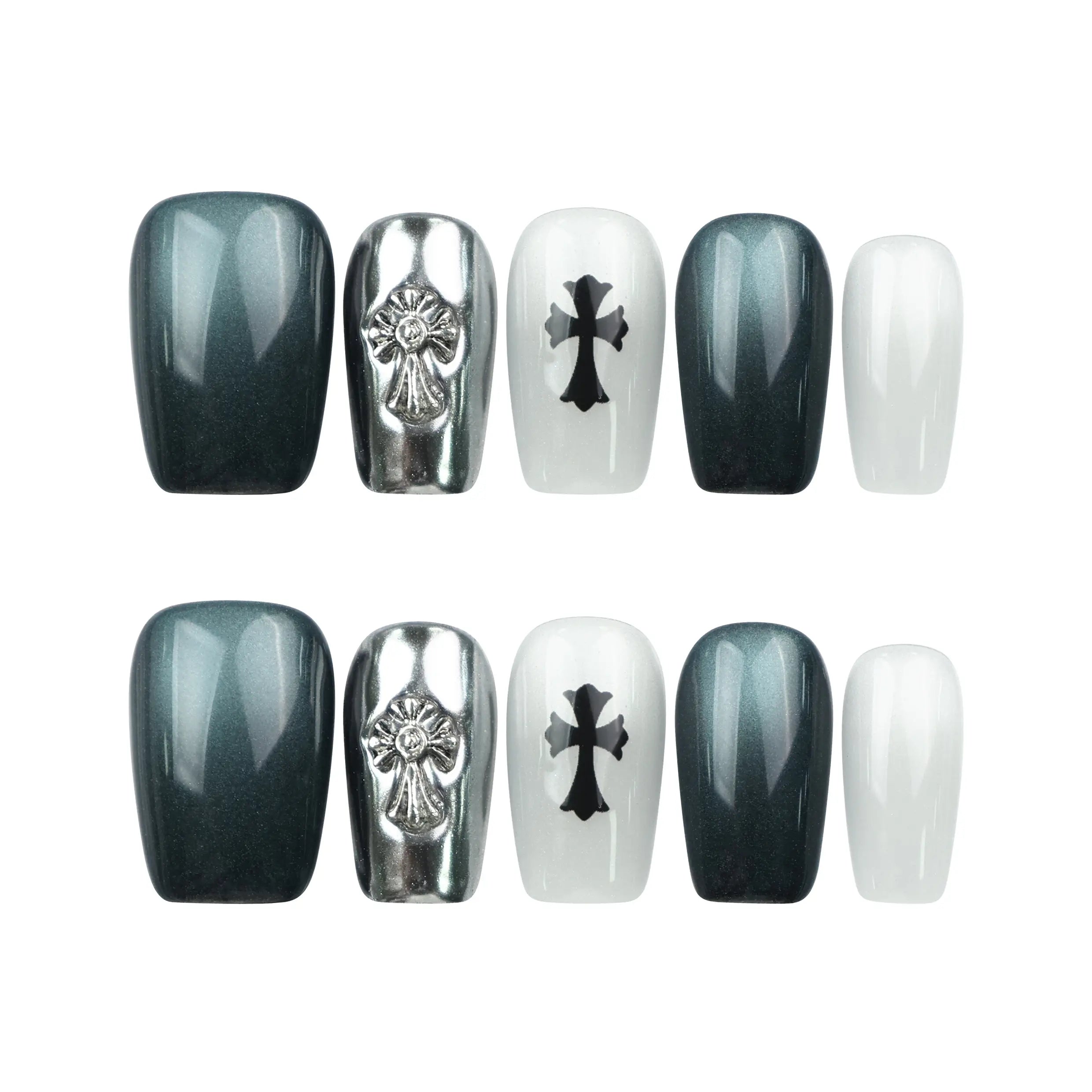 Gothic Cross press on nails Singapore displayed on white background, showing full metallic cat eye set with cross accents