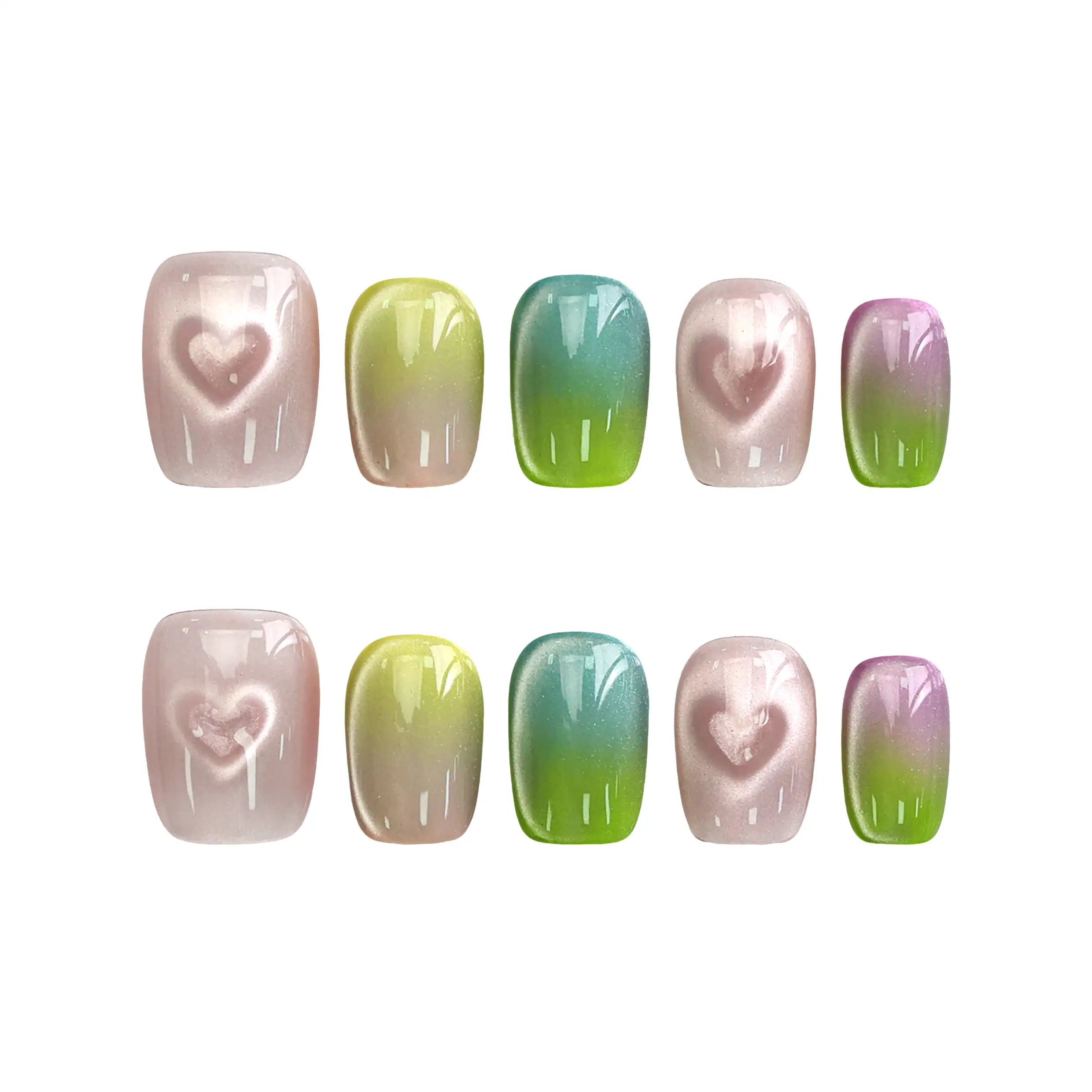 Set of Gradient Heart handmade press on nails in pastel gradient with cat-eye hearts, shown on white background
