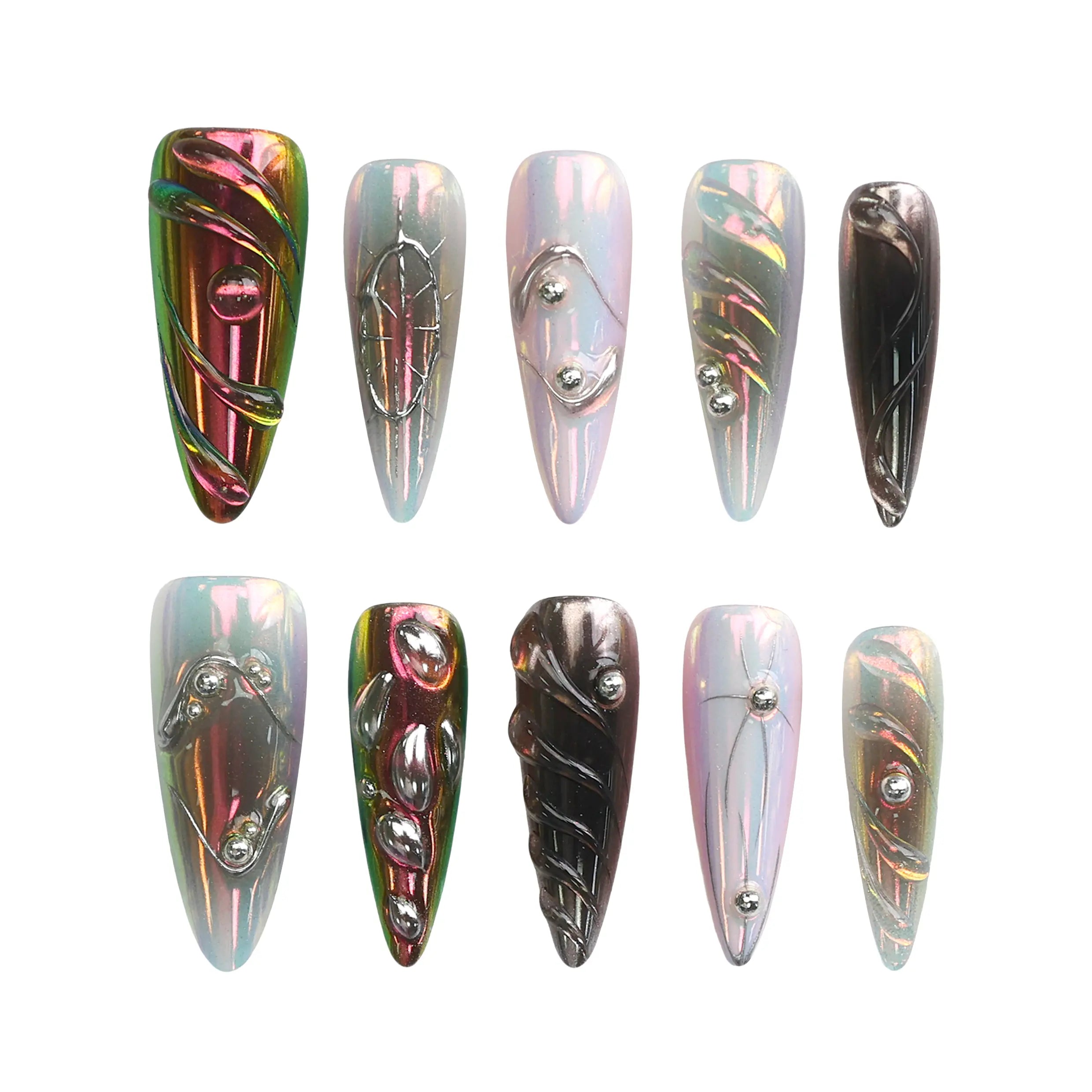Product layout of Singapore handmade stiletto press on nails in multicolor chrome tones with embedded gemstones by Naillover