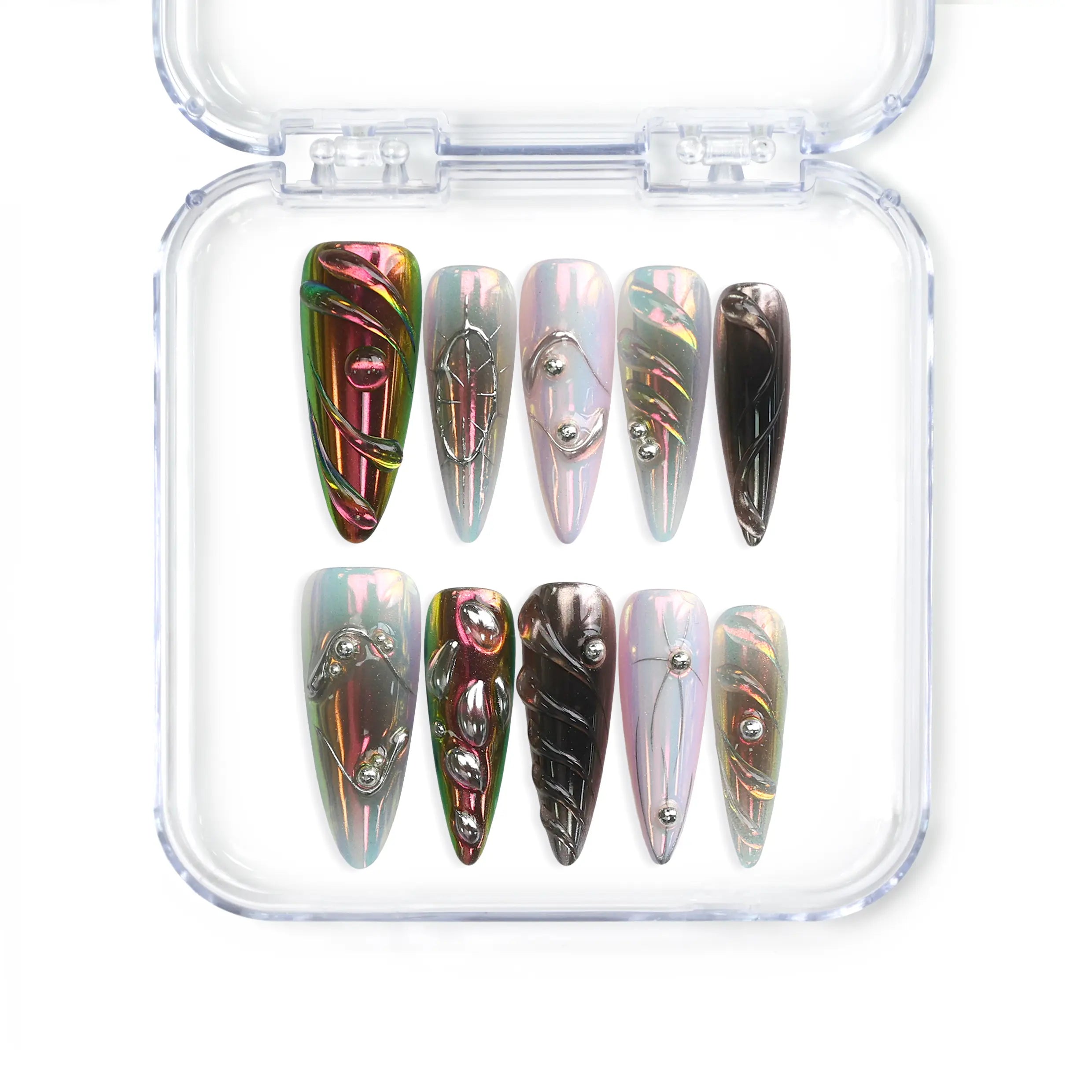 Singapore handmade stiletto press on nails with multicolor chrome finish and embedded gems by Naillover