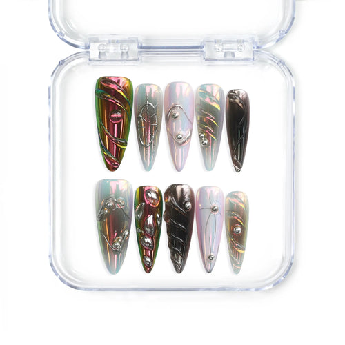 Singapore handmade stiletto press on nails with multicolor chrome finish and embedded gems by Naillover
