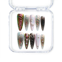 Singapore handmade stiletto press on nails with multicolor chrome finish and embedded gems by Naillover