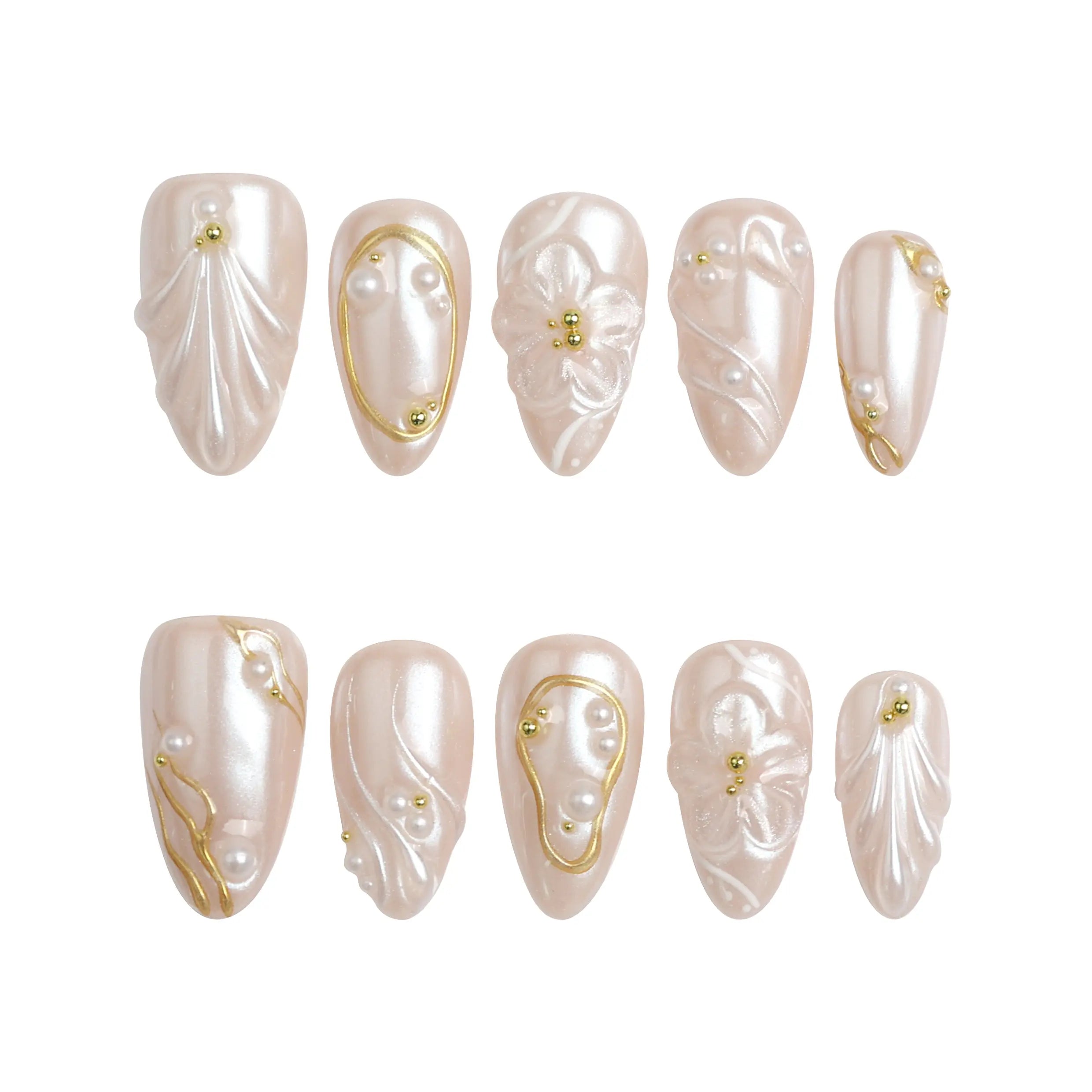 Product display of Naillover press on nails with a soft pink base, 3D white flowers, and fine gold detailing, handmade in Singapore