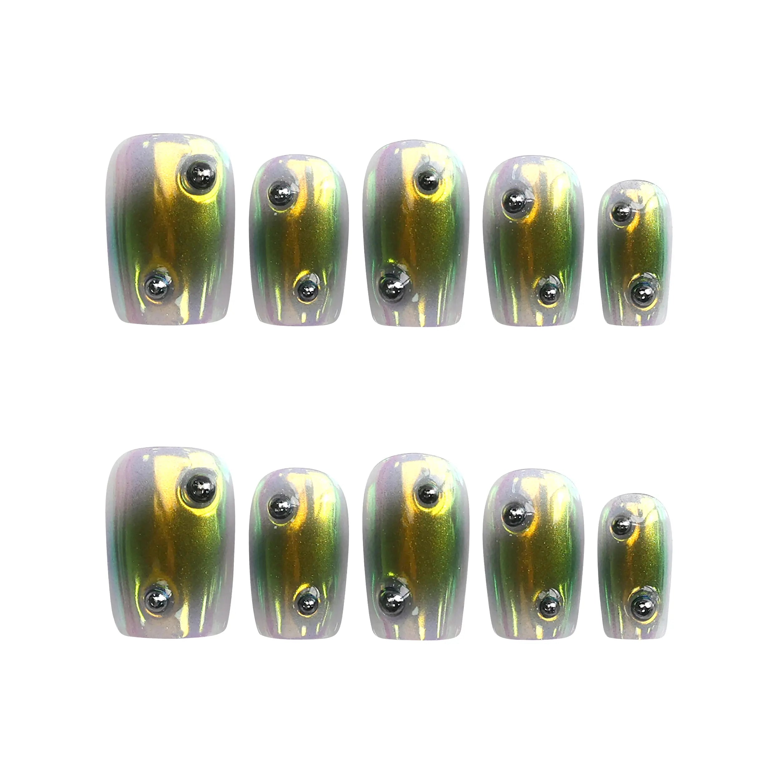 Product display of Naillover handmade Singapore green chrome nails in short square shape with mirror finish