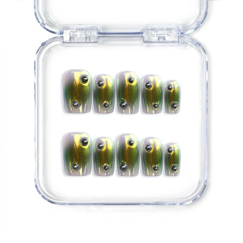 Naillover handmade Singapore short square green chrome press on nails with mirror finish and emerald undertones