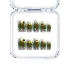 Naillover handmade Singapore short square green chrome press on nails with mirror finish and emerald undertones