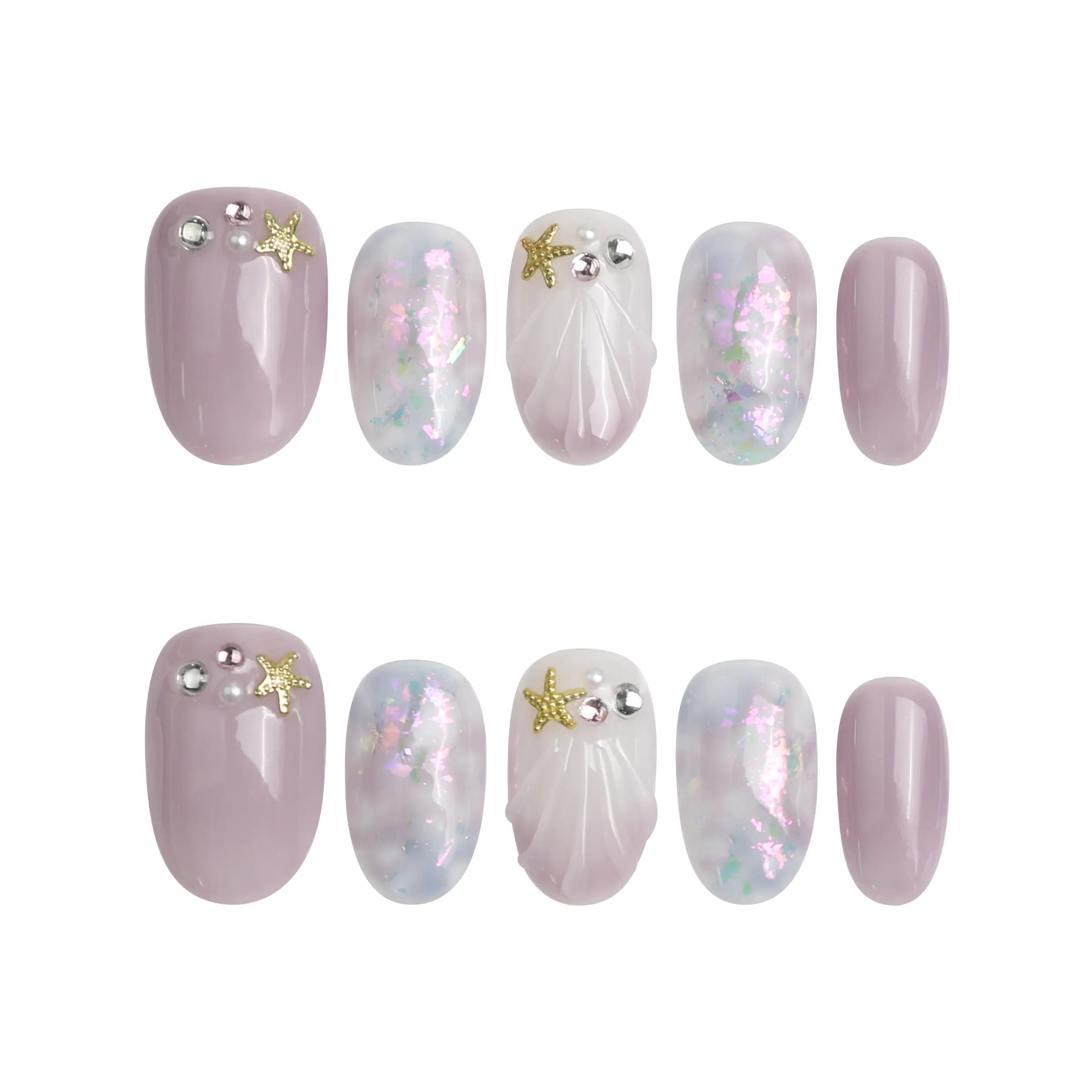 Product display of handmade gradient press on nails in lavender, pink, and white hues with holographic accents by Naillover
