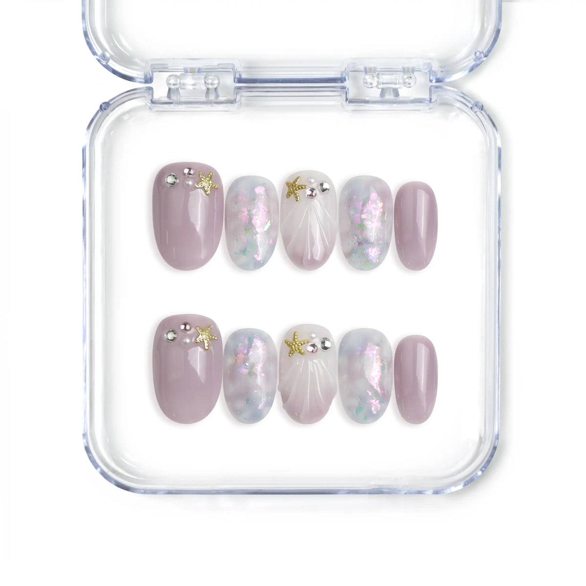 Singapore handmade lavender gradient press on nails with pink and white hues and holographic details by Naillover