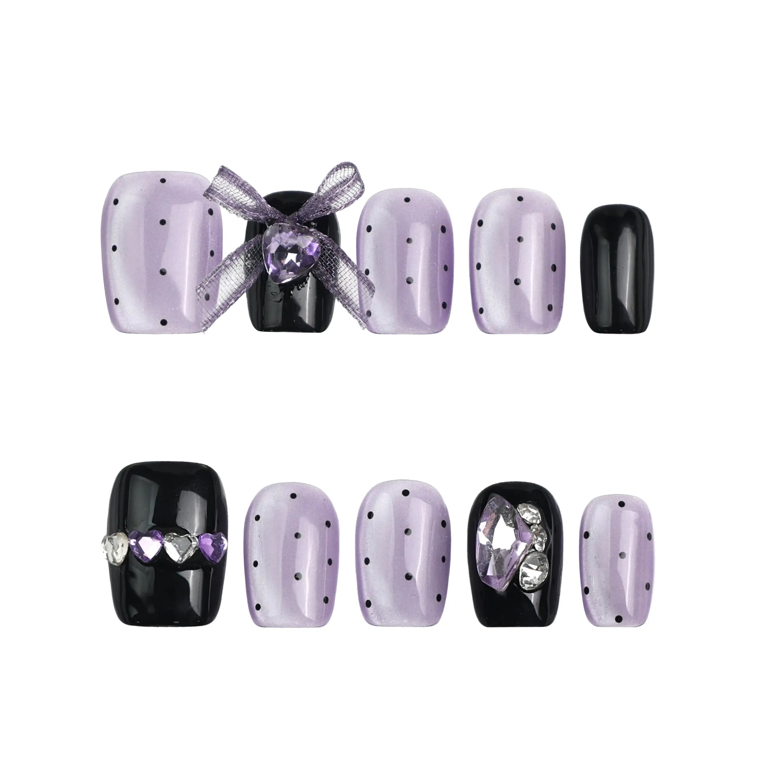 Product display of Naillover’s Singapore handmade press-on nail set in short square shape with kawaii hearts and gem embellishments