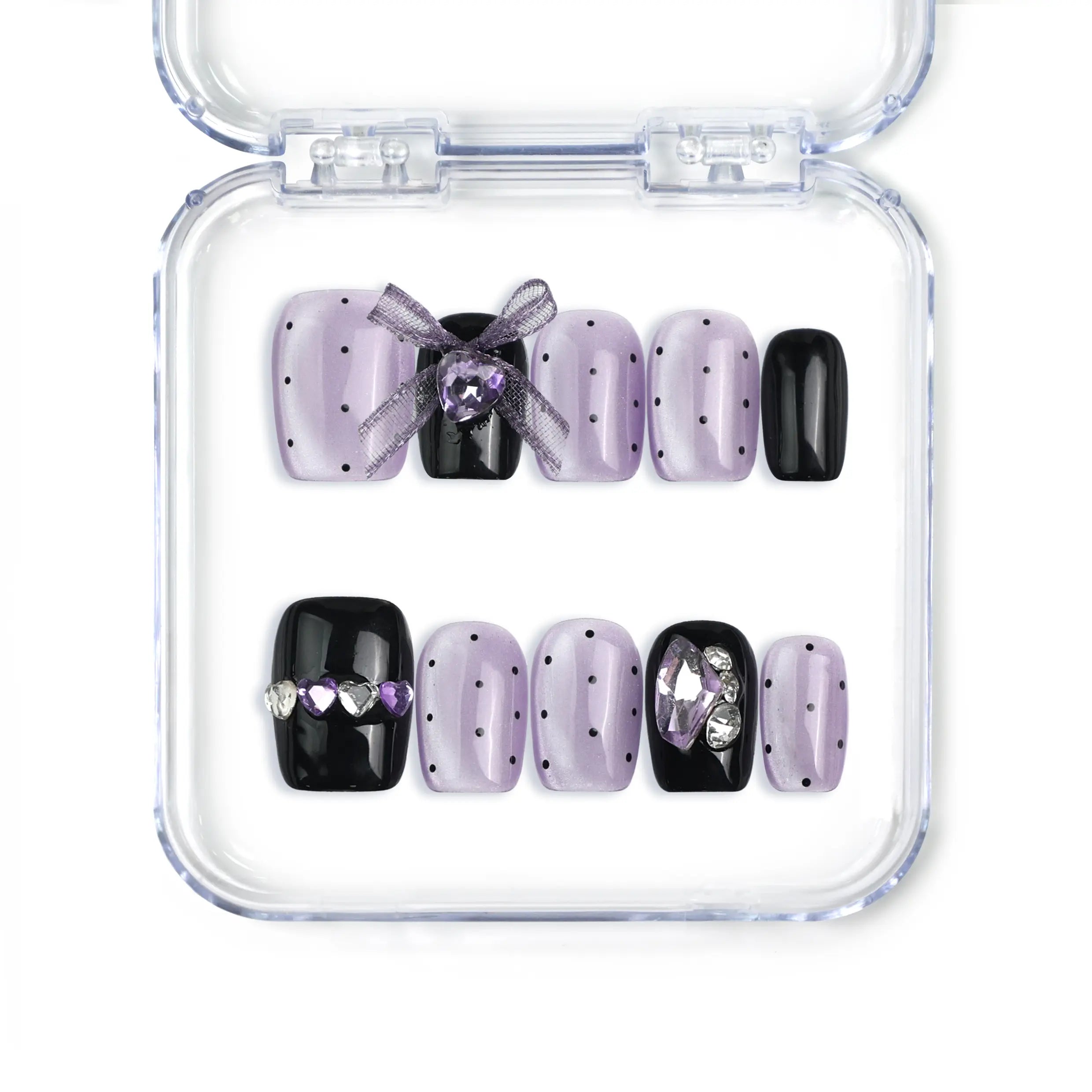 Naillover Singapore handmade press on nails in short square shape featuring black and purple tones, heart gems, and cute kawaii accents