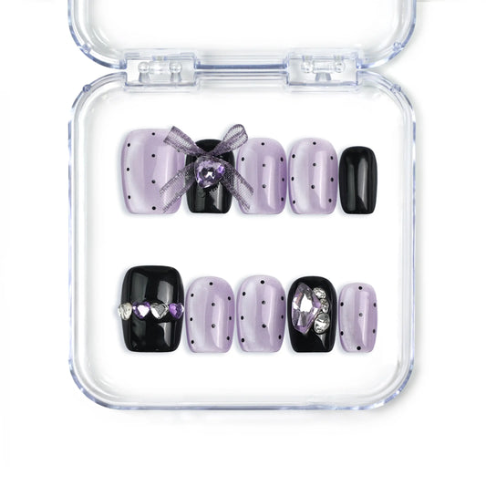 Naillover Singapore handmade press on nails in short square shape featuring black and purple tones, heart gems, and cute kawaii accents