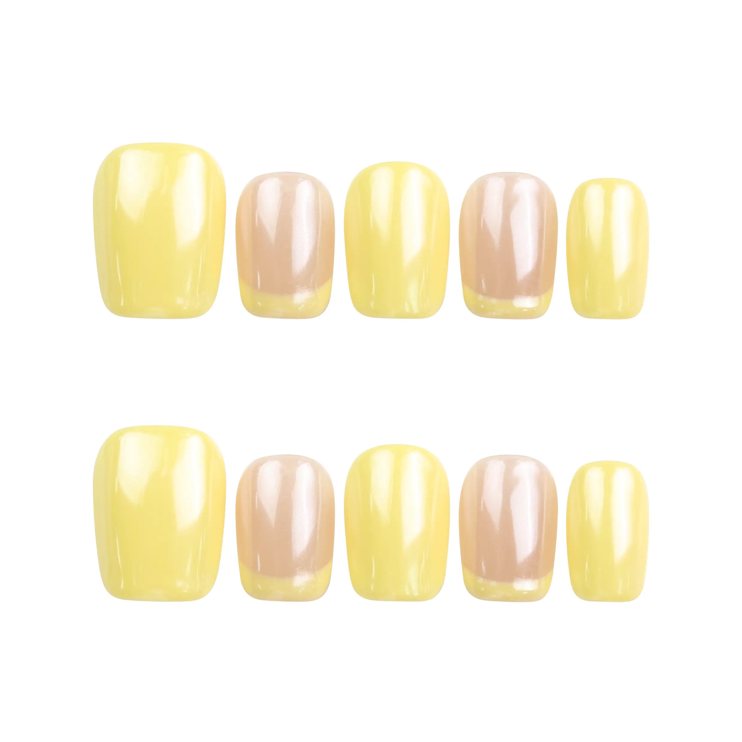 Flat lay of Lemon Zest Singapore press on nails set on white background, yellow and pink ombre summer nails by naillover