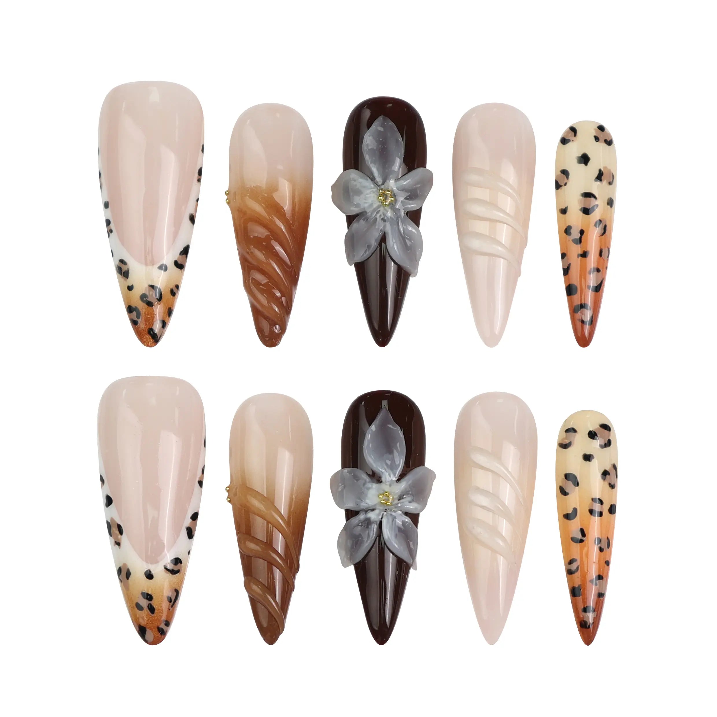 Product layout of stiletto press-on nails with wild leopard patterns, elegant flowers, and edgy black tones
