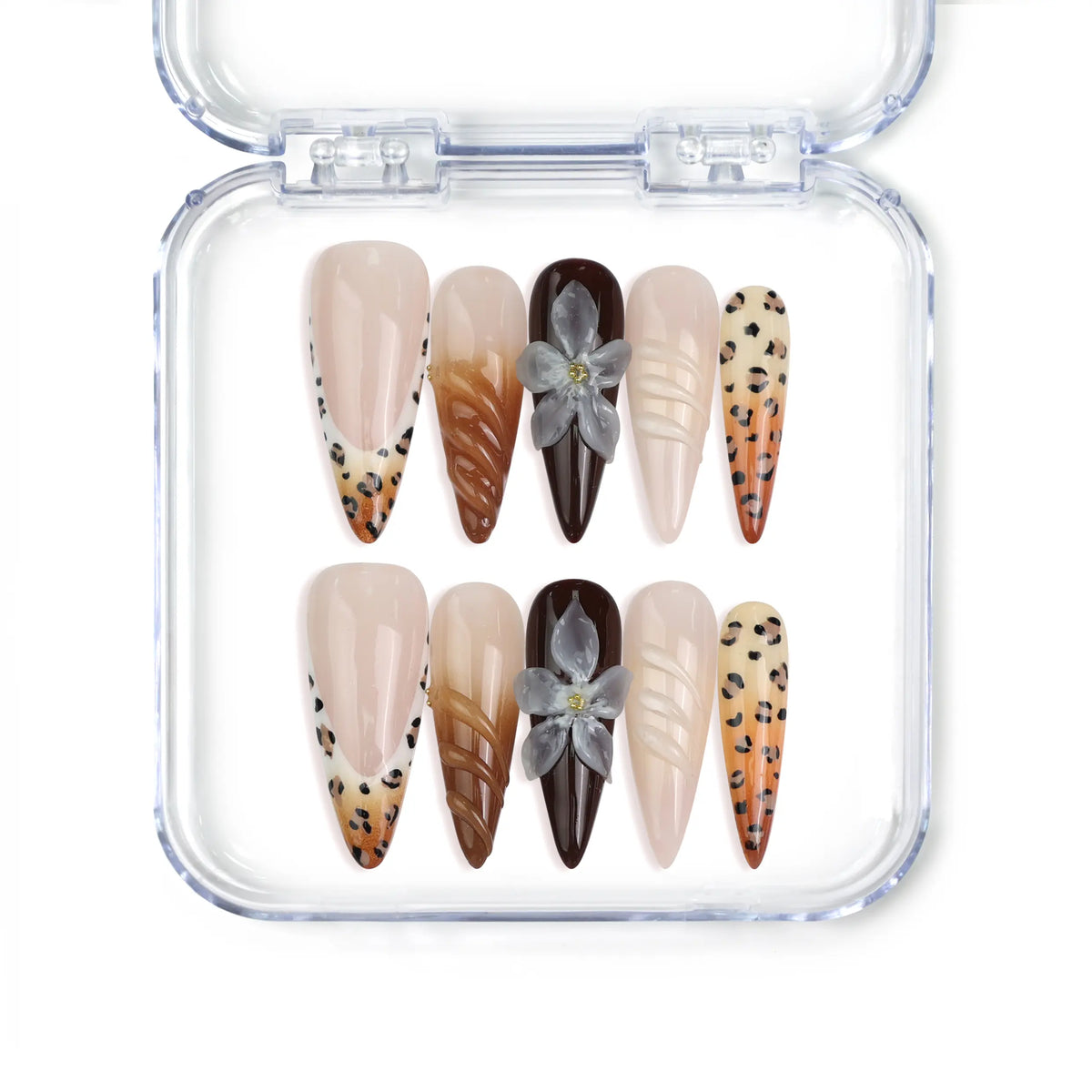 Naillover Singapore handmade stiletto press on nails featuring brown leopard print, black accent nails, and soft flower nail art