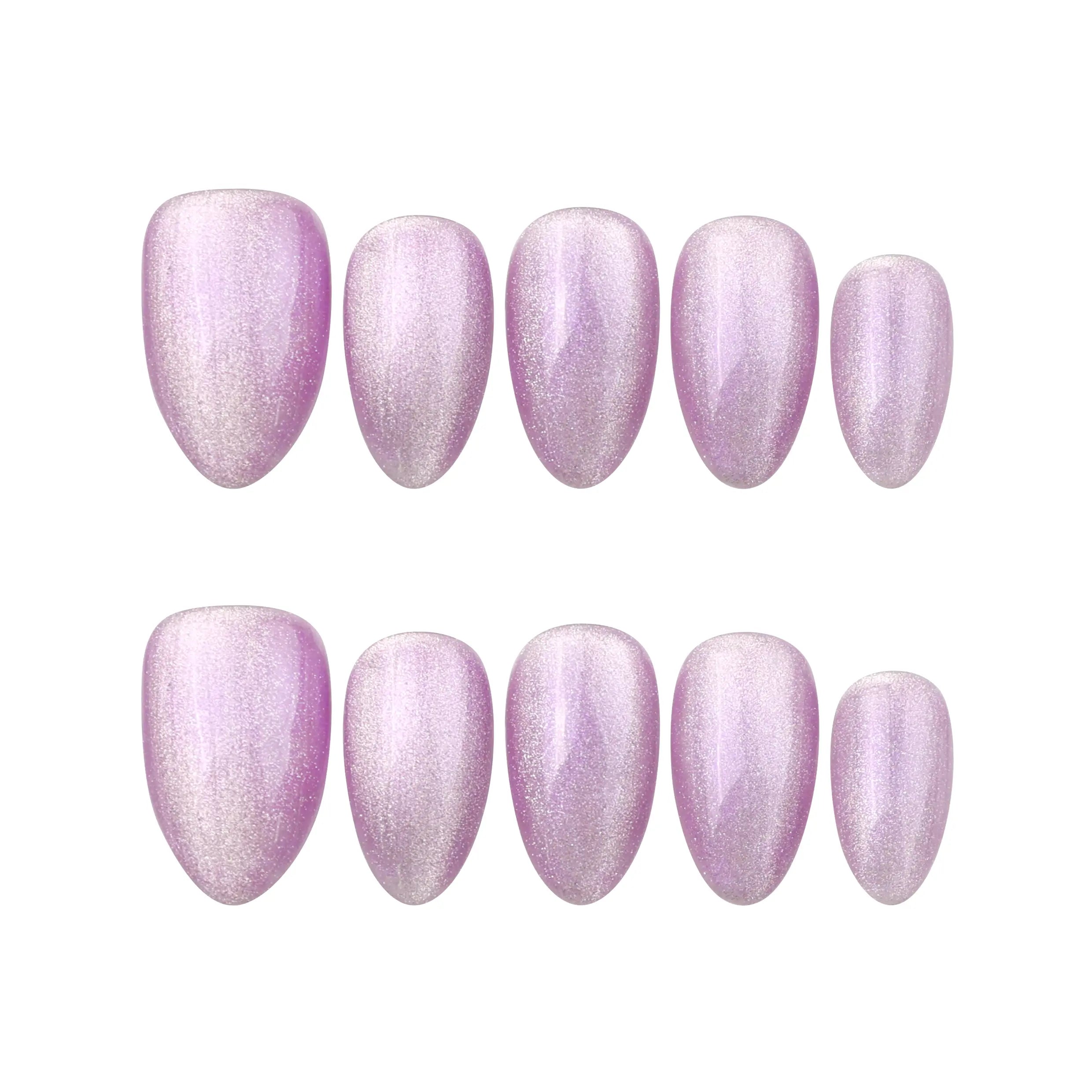 Lilac Sparkle almond-shaped lavender press on nails laid on white background, handmade by Naillover with cat eye detail.