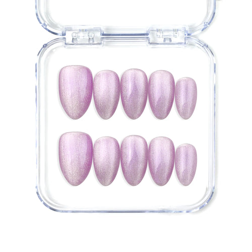 Naillover Lilac Sparkle handmade Singapore press on nails in soft lavender with cat eye shimmer, almond shape.