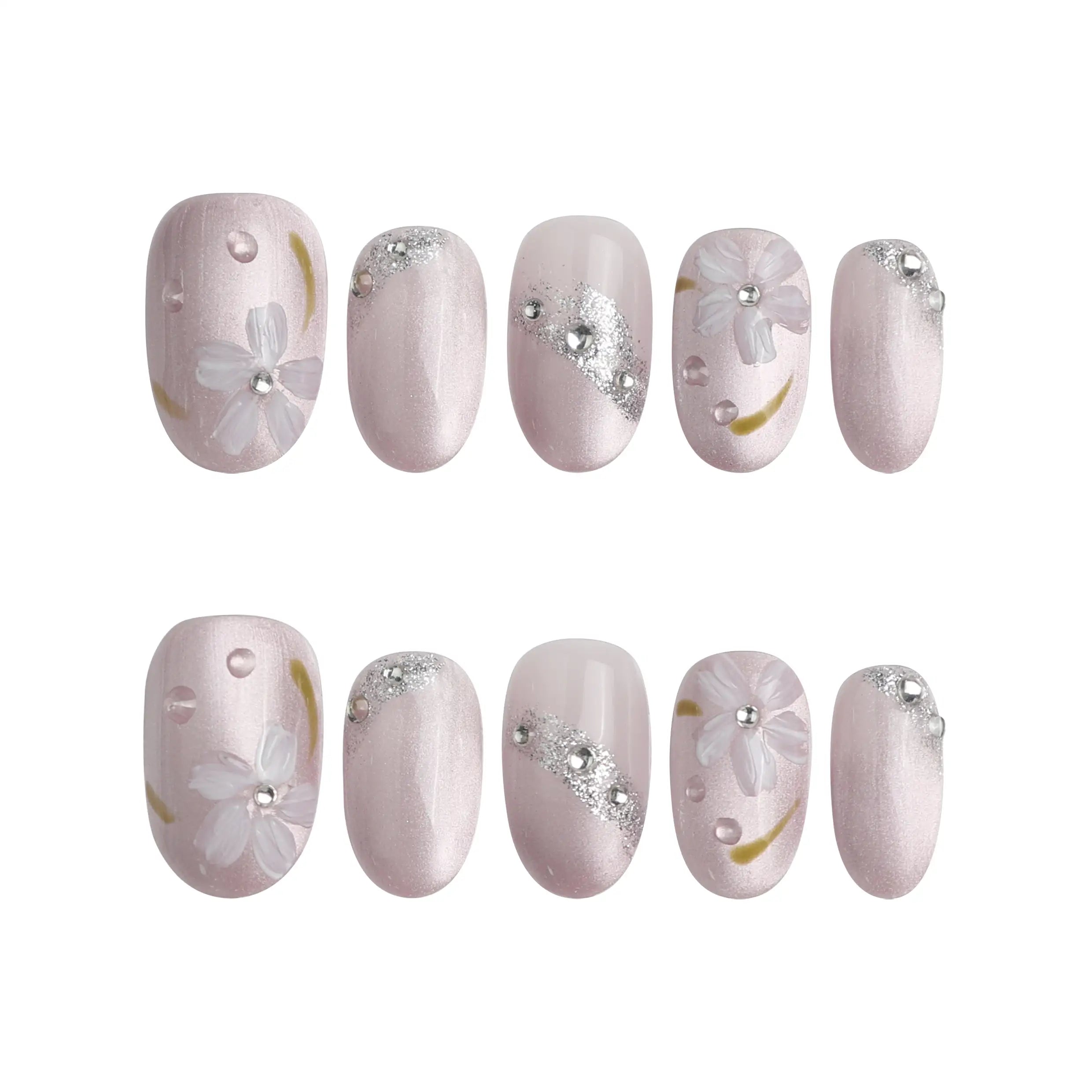 Product display of pink handmade press on nails with floral artwork and rhinestone accents by Naillover