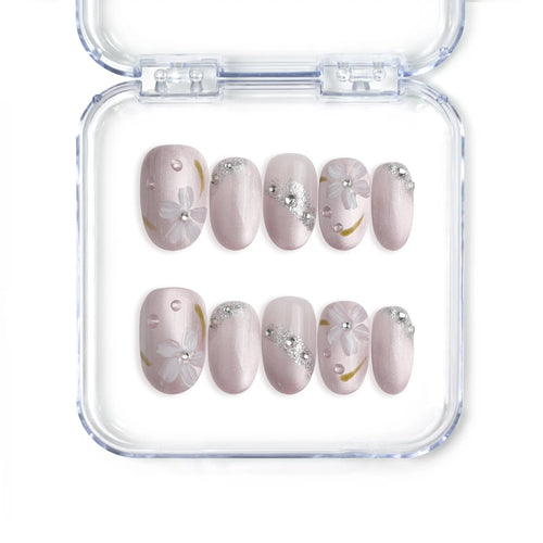 Singapore handmade pink press on nails with floral design and rhinestone accents by Naillover