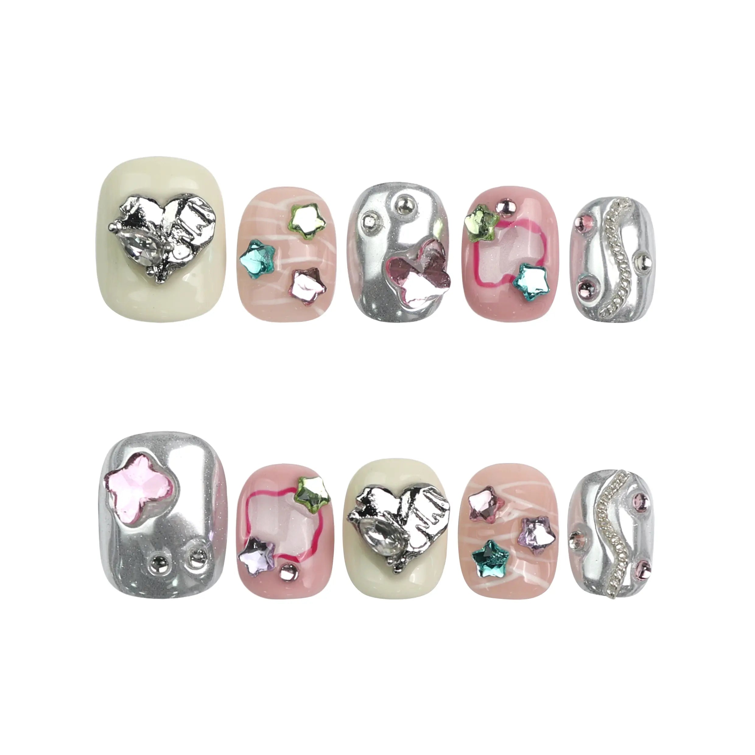 Product display of handmade short pink press-on nails with shimmer base and playful heart and star embellishments