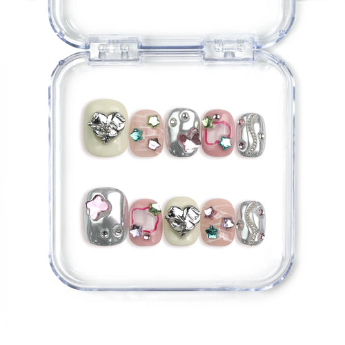 Naillover handmade Singapore short press on nails in silver-pink with 3D hearts, stars, and colorful gem accents