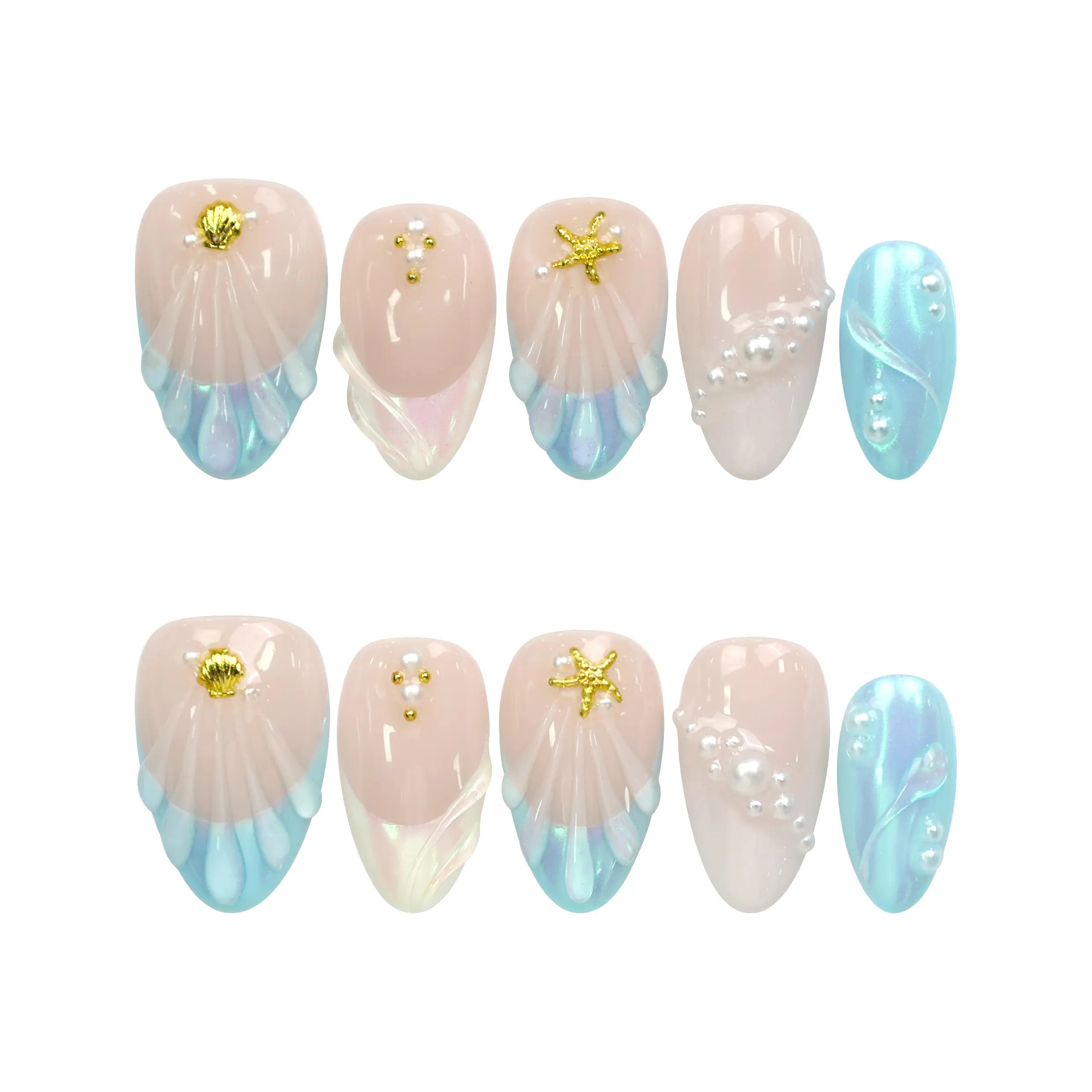 Flat lay of Naillover Marine Dream Singapore press on nails set, featuring handmade pastel shades with shimmering accents and gold embellishments.