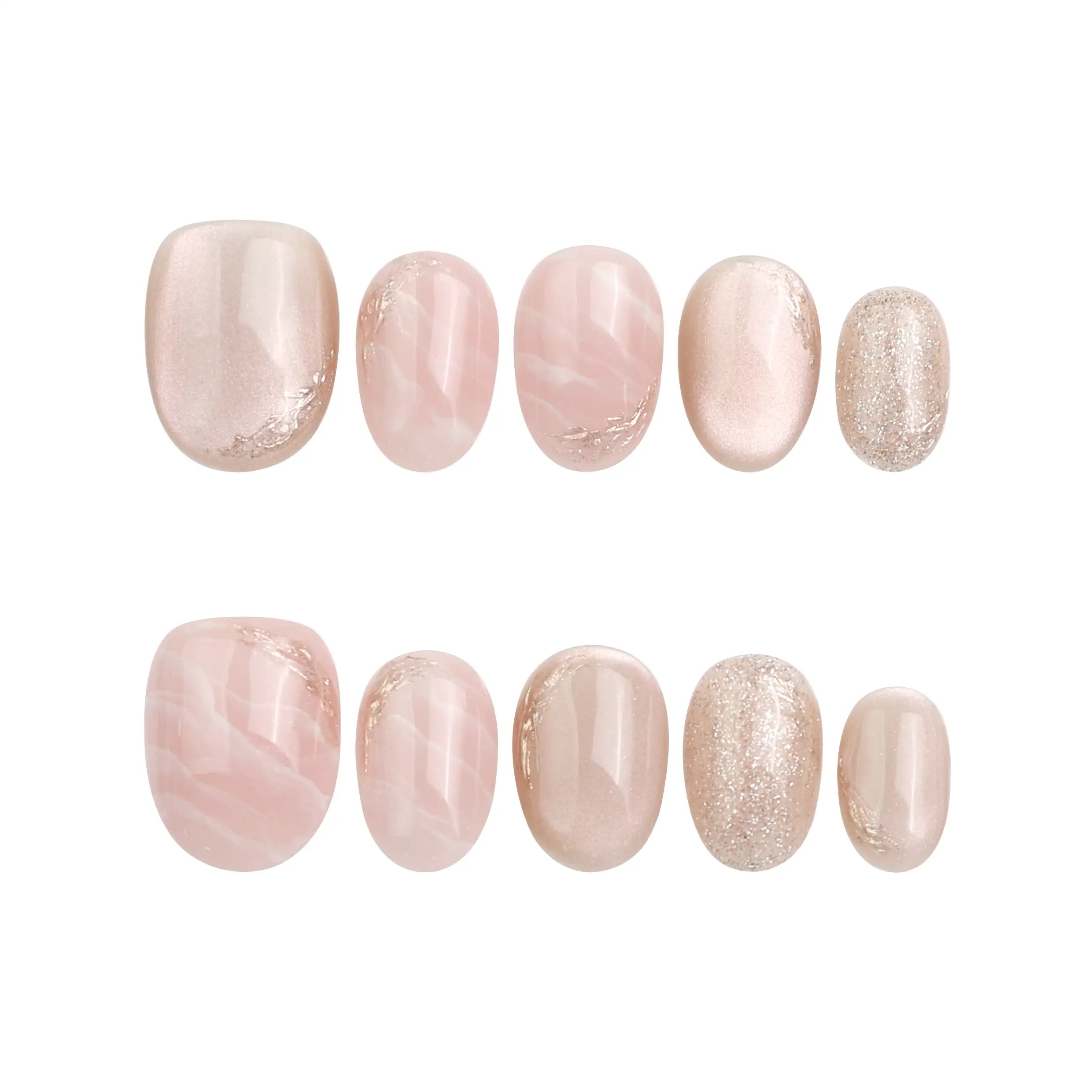 Flat lay of Naillover Mellow Marble press on nails set on white background highlighting craftsmanship and color tones.