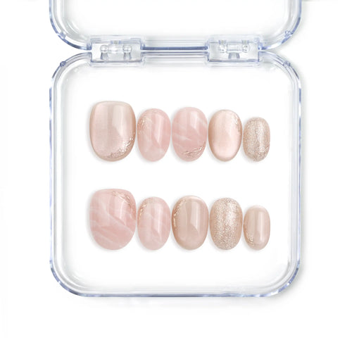 Full set of Naillover Mellow Marble Singapore press on nails featuring pink and white marbled design with subtle shimmer.