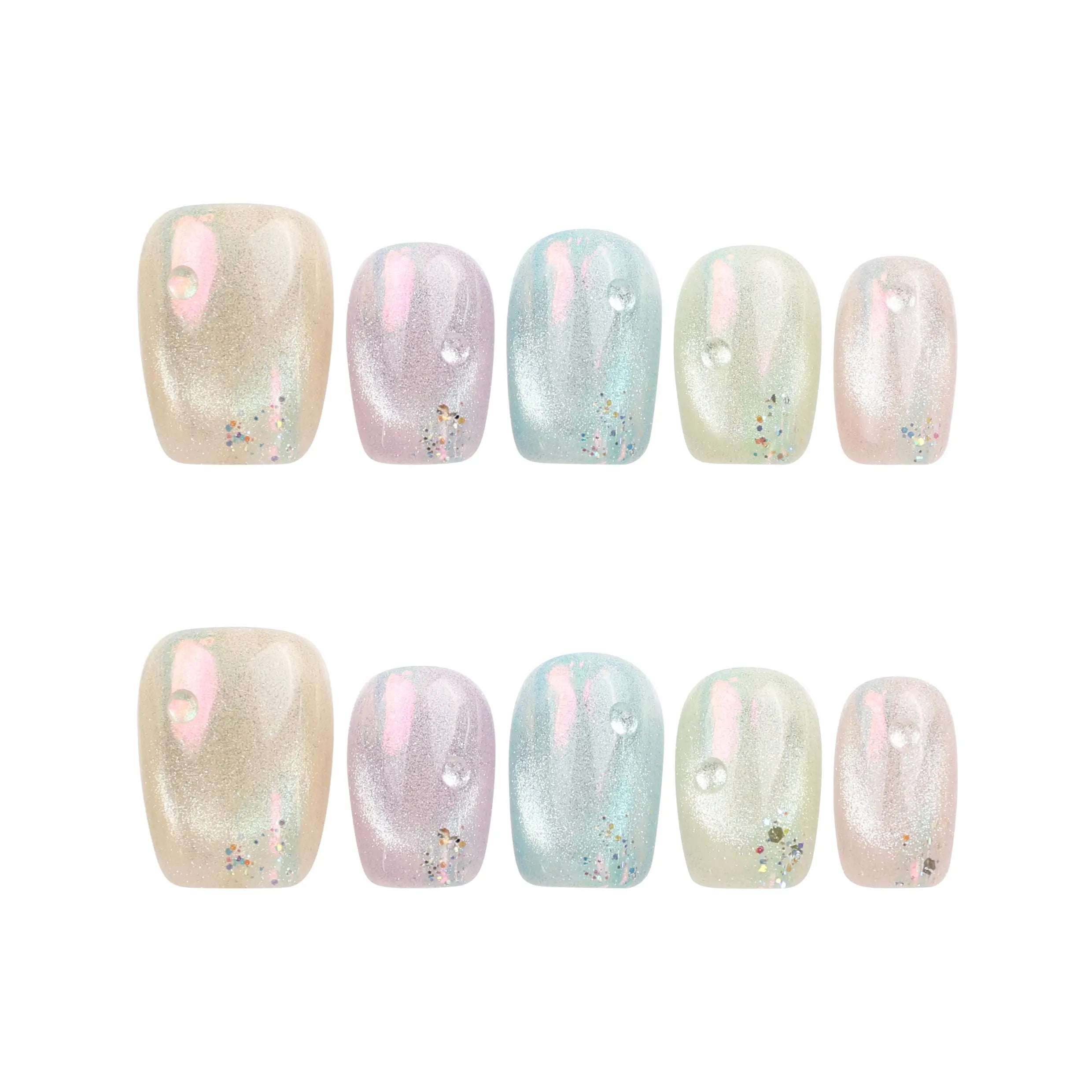 Mermaid Glaze pastel pearl handmade press on nails set on white background, Naillover Singapore press on nails