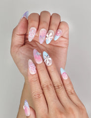 Close-up of Mermaid’s Floral Dream Singapore press on nails with butterfly and floral 3D details, handmade press on nails by Naillover.