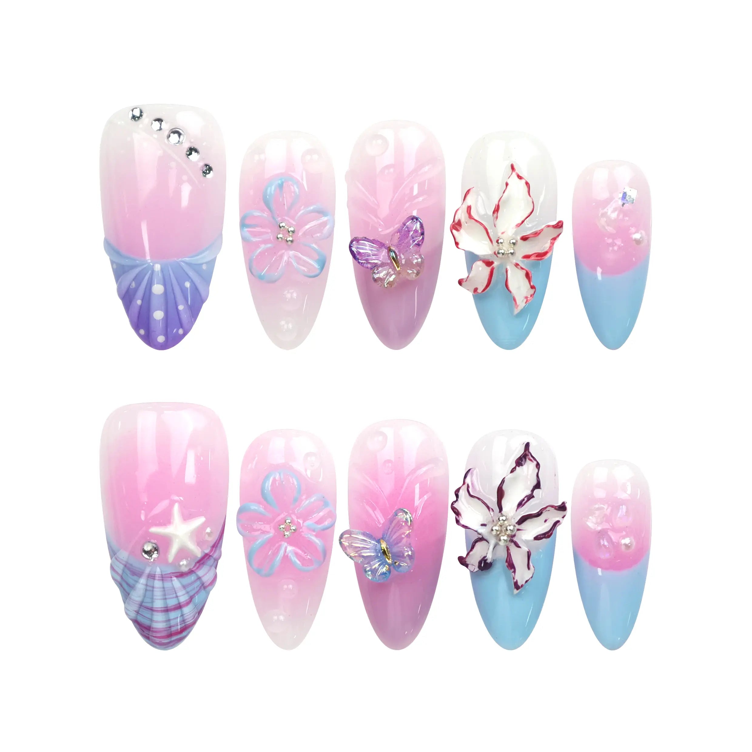 Flat lay of Naillover Mermaid’s Floral Dream Singapore press on nails set, featuring handmade pink and blue nails with 3D floral and butterfly accents.