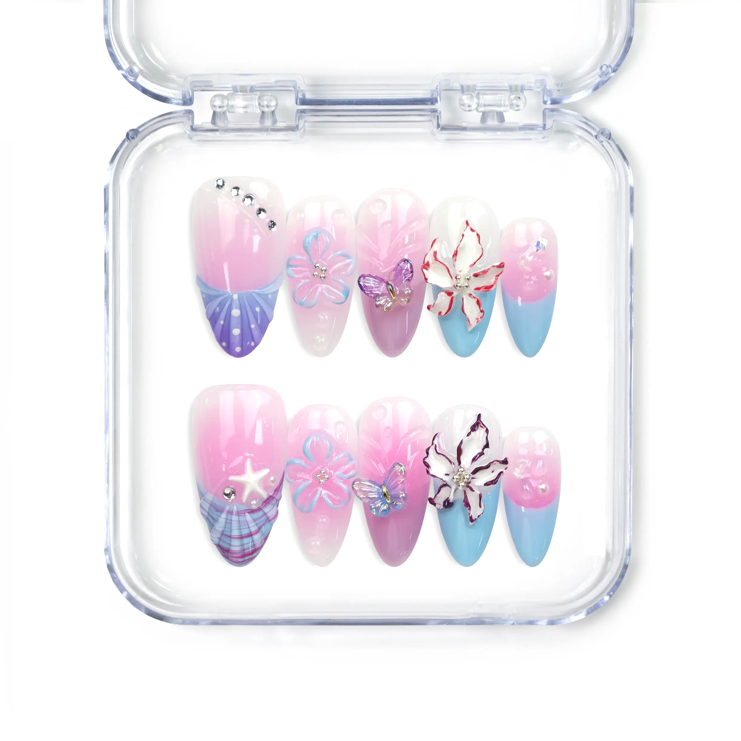 Naillover Mermaid’s Floral Dream handmade press on nails in pink and blue with floral and butterfly 3D details, part of Singapore press on nails collection.