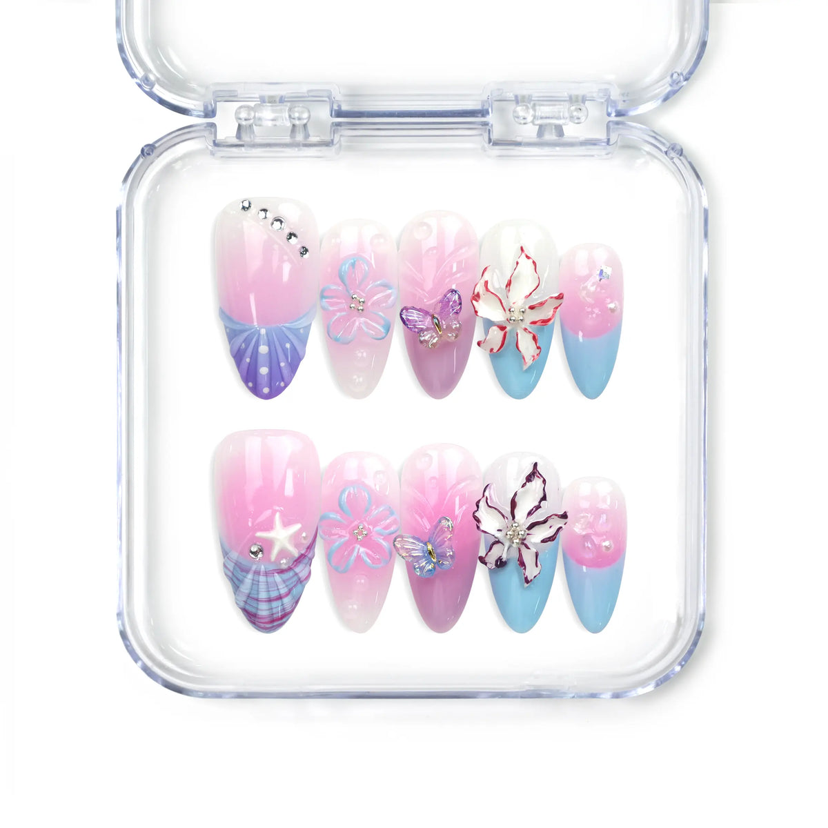 Naillover Mermaid’s Floral Dream handmade press on nails in pink and blue with floral and butterfly 3D details, part of Singapore press on nails collection.