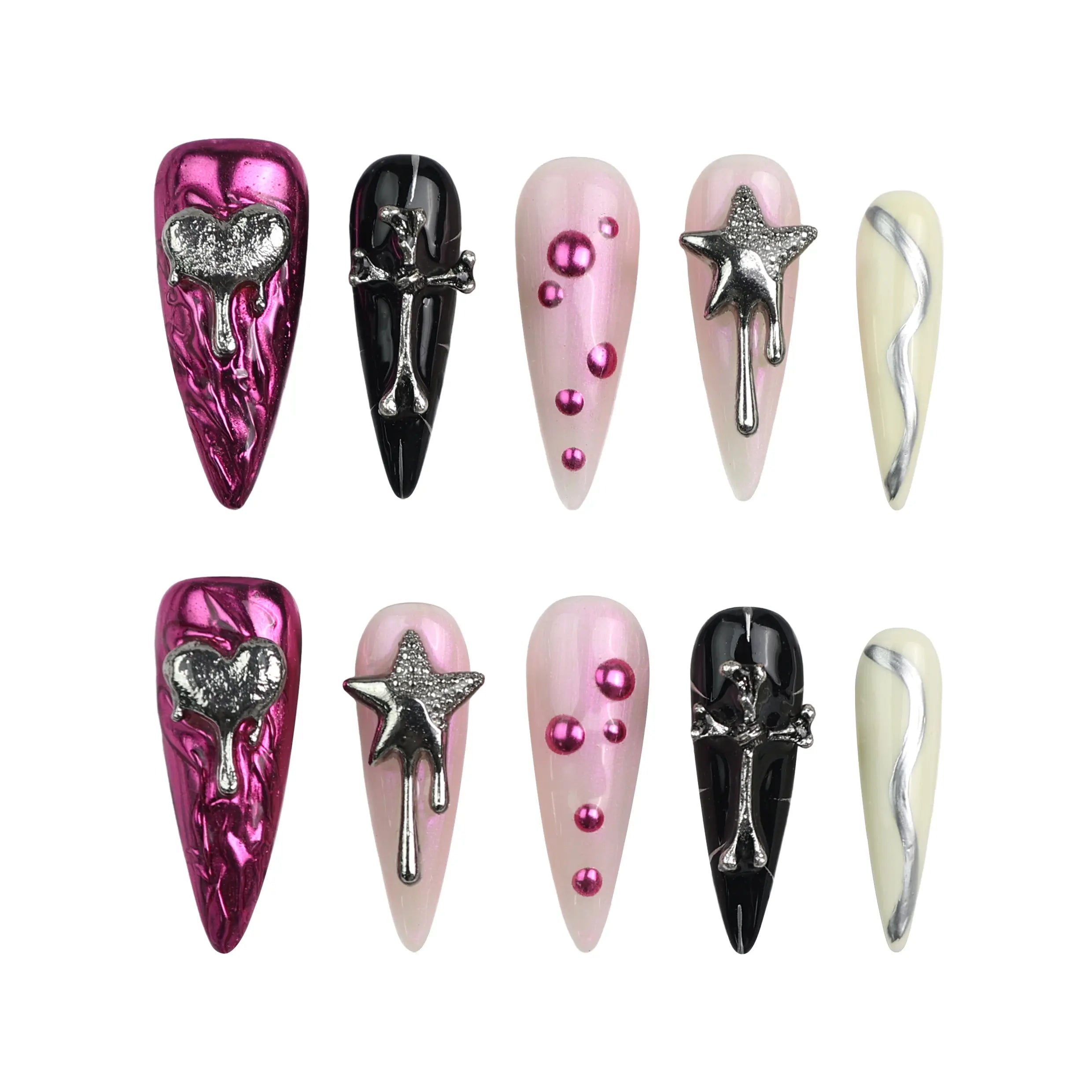 Product display of Naillover handmade stiletto nails in black and pink with glitter, charms, and statement nail art