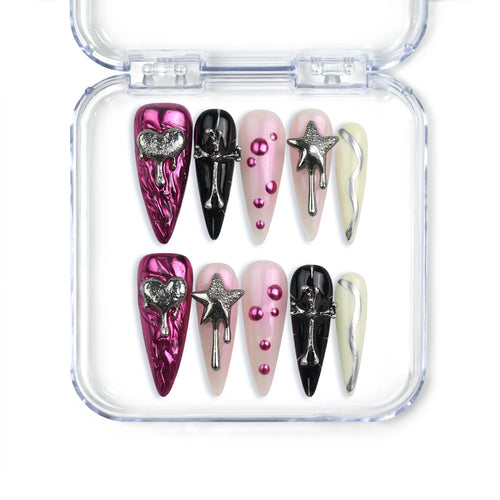 Naillover handmade Singapore stiletto press on nails in black and pink with 3D hearts, stars, and charms