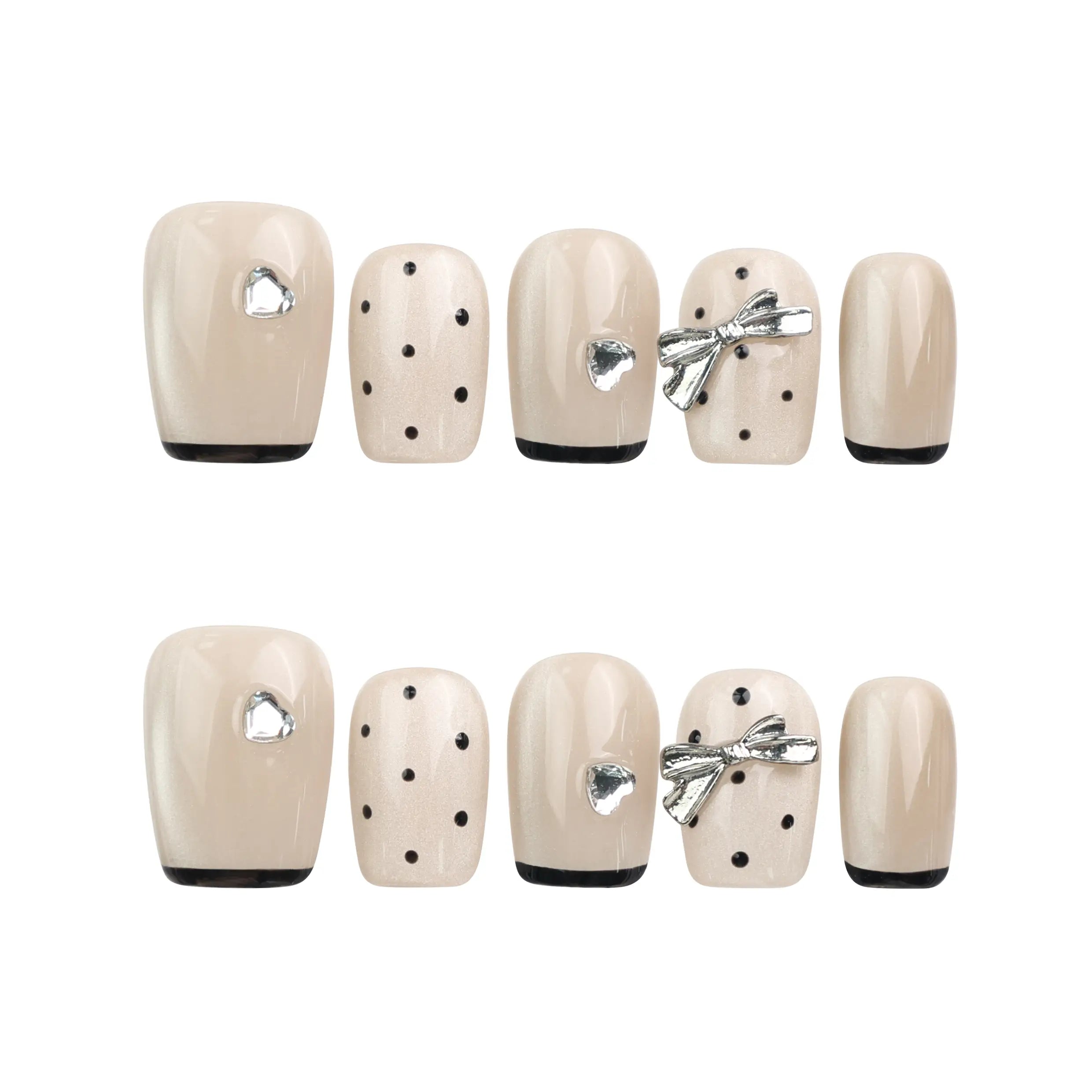 Naillover Midnight Bow handmade Singapore press on nails set, beige-black with dots and metallic ribbons, short length on white background