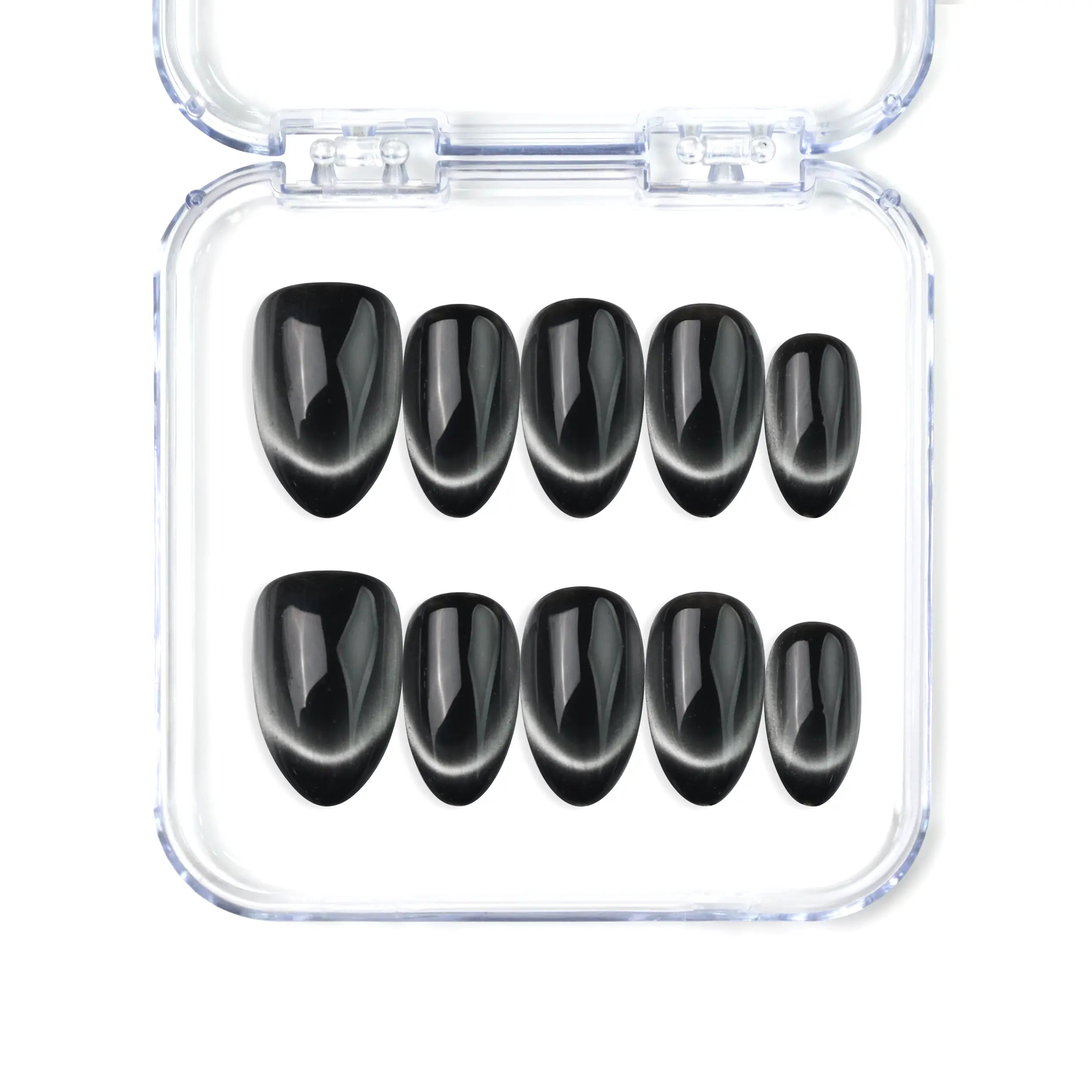 Naillover Midnight Gaze handmade Singapore press on nails in sleek black with soft cat eye shimmer and almond shape.