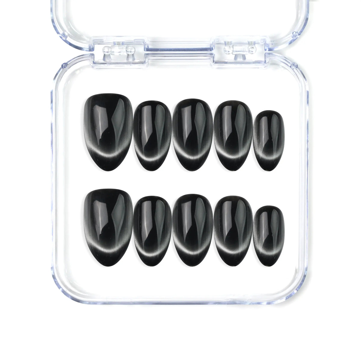 Naillover Midnight Gaze handmade Singapore press on nails in sleek black with soft cat eye shimmer and almond shape.