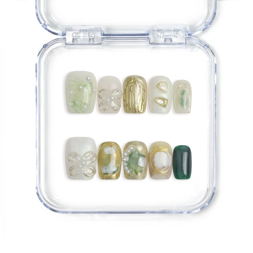 Naillover handmade Singapore short square press on nails in mint and white with gold accents and 3D flower nails art